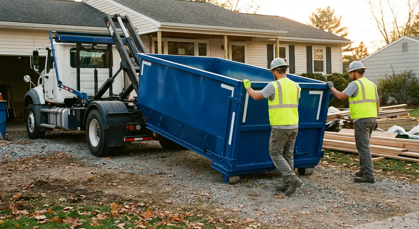 Construction dumpster delivery truck in action in Omaha, NE
