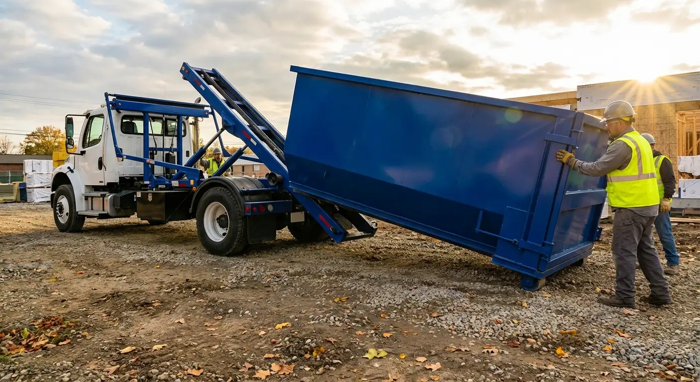 Construction dumpster delivery truck at job site in Omaha, NE