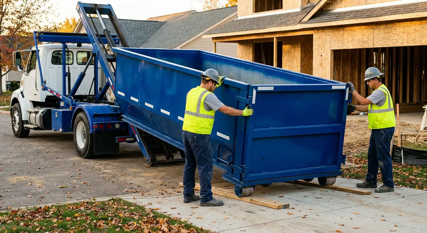 Roll-off dumpster delivery truck in residential area in Omaha, NE