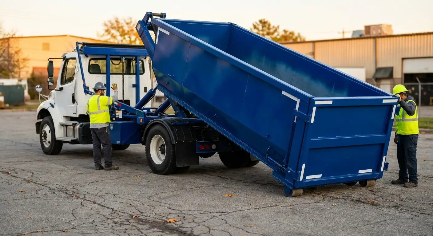 Roll-off dumpster rental truck protecting driveway surfaces in Omaha, NE