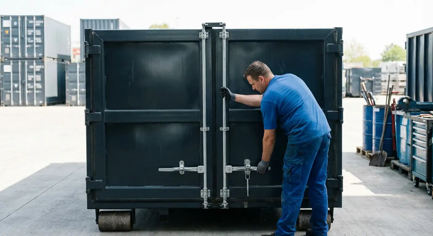Dumpster walk-in loading door open showing easy access in Omaha, NE