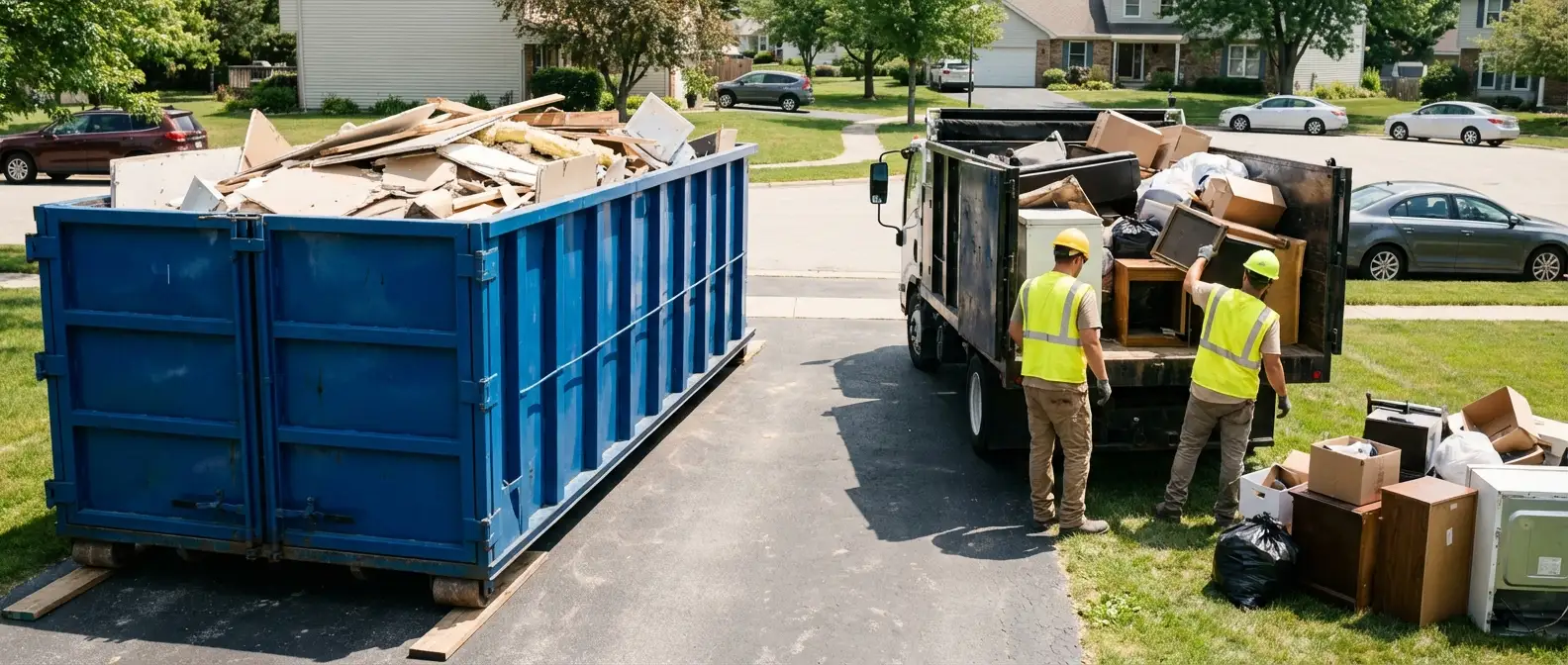 Dumpster rental versus junk removal service comparison showing capacity differences in Omaha, NE