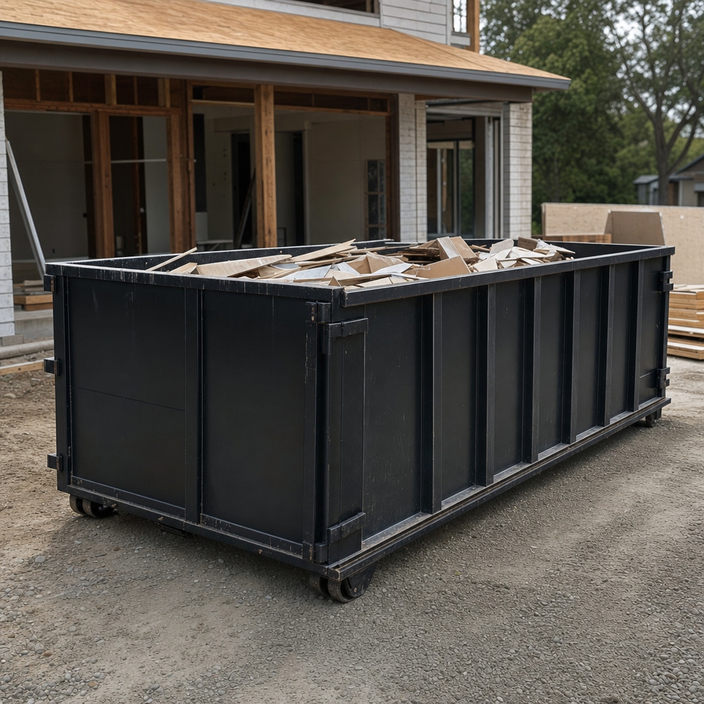 Large matte-black 30-yard construction roll-off dumpster at an active Omaha jobsite, steel-gray top rails and bottom rollers visible, loaded with construction debris.