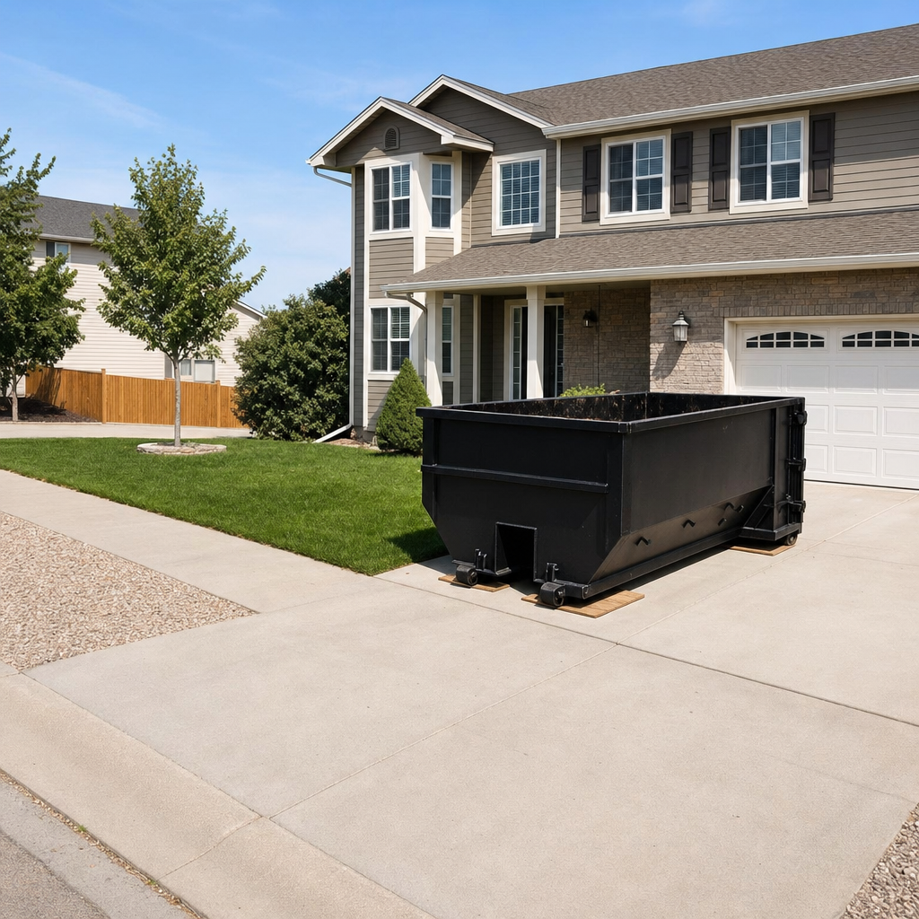 10-yard matte-black residential dumpster placed directly on a narrow Omaha concrete driveway, room remains for a parked sedan beside it, mid-morning natural light