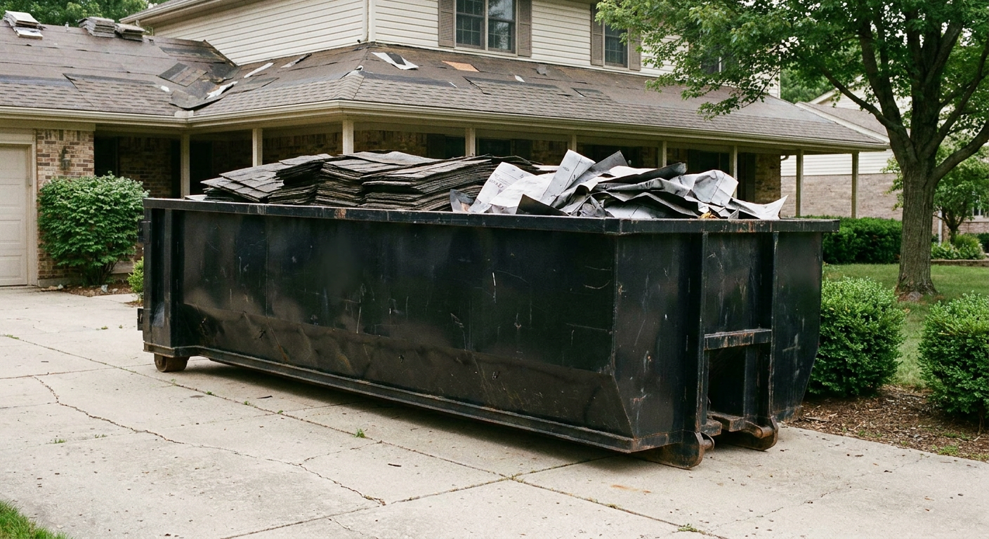 Matte-black 30-yard roofing roll-off dumpster sitting directly on a Omaha concrete driveway, taller ribbed steel side panels, mixed tear-off debris of asphalt shingles and underlayment inside, professional documentary daylight.