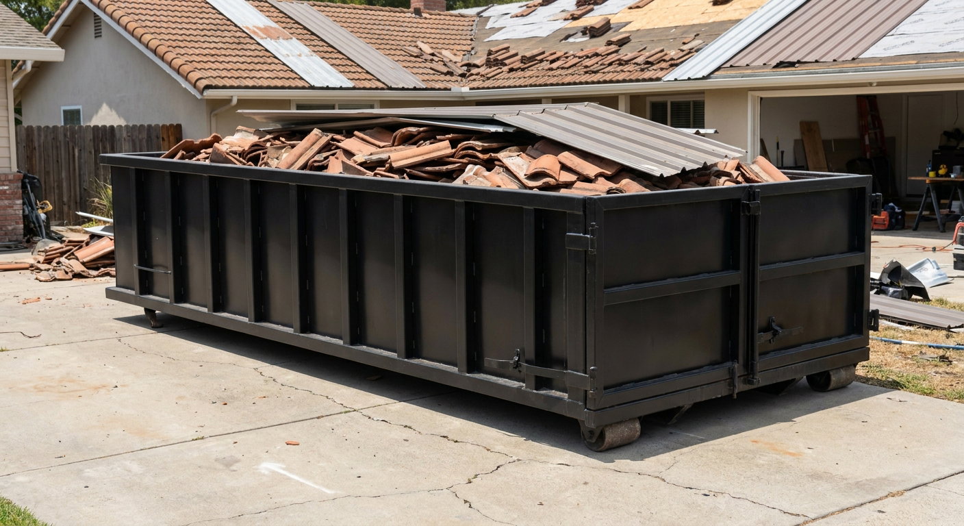 Matte-black low-wall heavy-debris roofing roll-off dumpster sitting directly on a Omaha concrete driveway, broken concrete clay roof tiles and metal panel sections loaded inside, reinforced ribbed steel side walls visible, bright outdoor daylight.